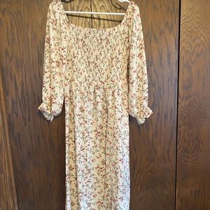 Puff Sleeve Smocked Midi Dress with Slit